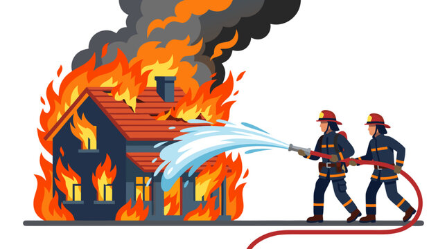 Two firefighters in helmets spraying powerful water stream from hose onto bright orange flames engulfing dark suburban house with red roof, bold flat vector illustration style