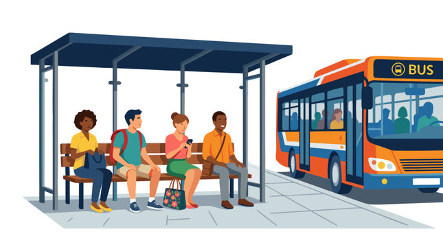 Four diverse commuters sitting on bench under modern bus stop shelter beside arriving orange and blue public transit bus, warm late summer sun, flat color vector illustration