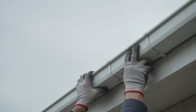 Worker installing gutter on residential roof edge