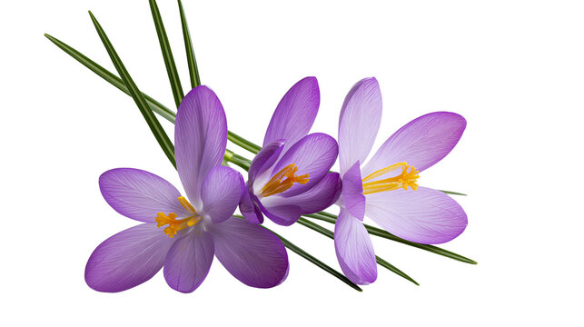 Three vibrant purple crocus flowers with yellow stamens and green grass blades