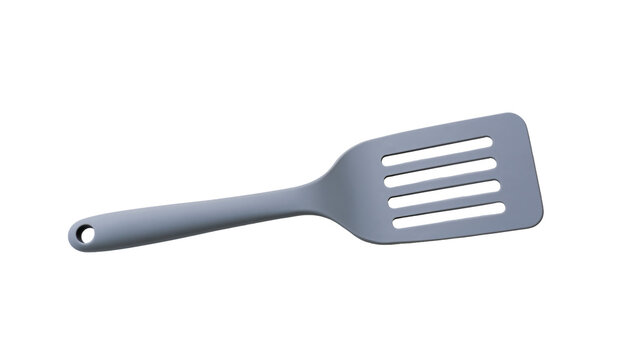 Grey silicone slotted kitchen spatula with a hanging hole in the handle