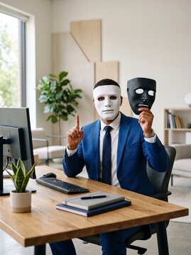 Masked Business Professional Holding a Second Mask at Desk