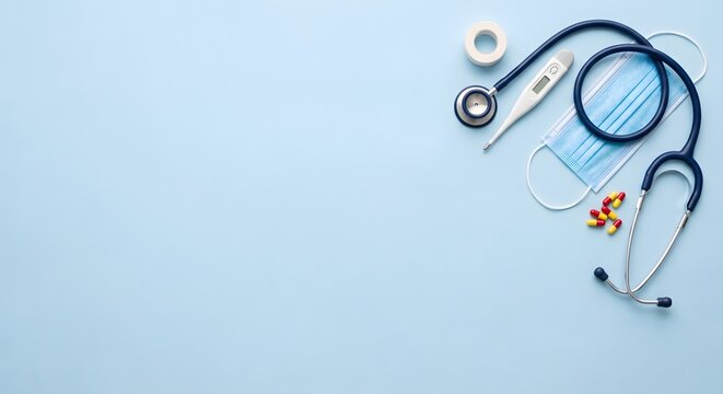 Blue Flat Lay Medical Background with Stethoscope Face Mask Pills and Medical Tape