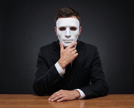 Masked Man in Black Suit Seated at Wooden Table