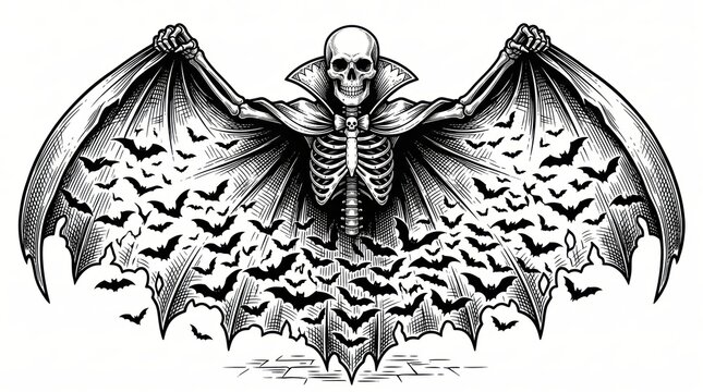 Skeleton vampire in a dramatic cape with high collar and bats, gothic Halloween fictional character rendered as a detailed black-and-white scratchboard engraving-style vector illustration.