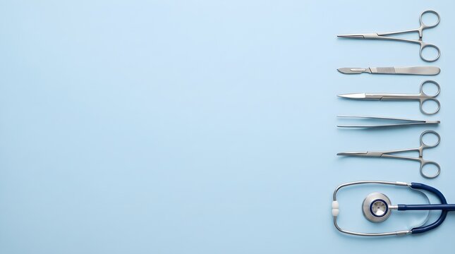 Surgical Instruments Scissors and Stethoscope on Right Side of Blue Background