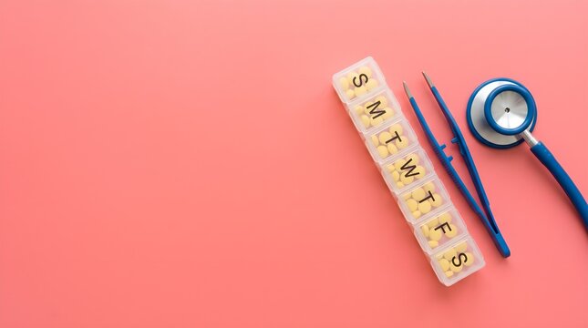 Weekly Pill Organizer Box Tweezers and Stethoscope on Pink Background Flat Lay