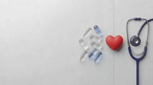 Red Heart Glass Vials and Stethoscope on Light Textured Background Flat Lay