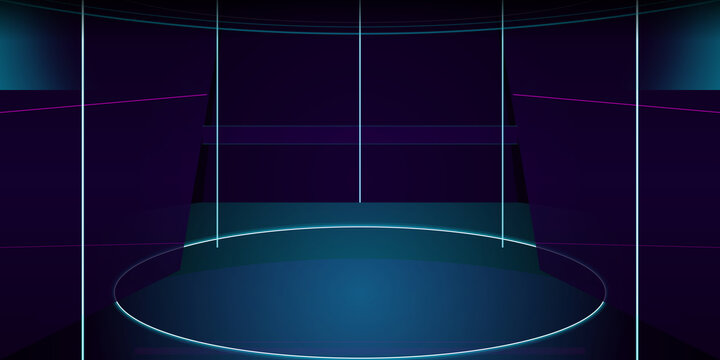 Futuristic circular stage with glowing neon lights in dark interior on transparent background