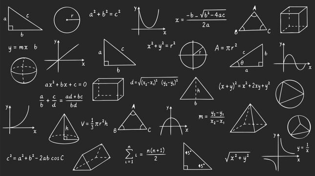 Mathematical calculations and geometric figures drawn in chalk-like white lines across a seamless dark chalkboard background, featuring equations, triangles, circles, and coordinate graphs