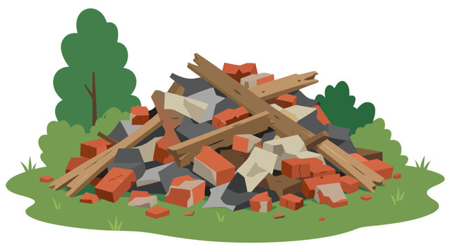 Pile of broken red bricks weathered wooden planks and crumpled construction debris illegally dumped on green grass in urban city park flat vector illustration clean modern design isolated on white