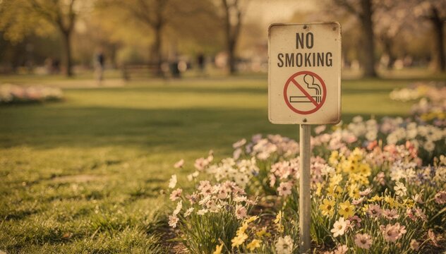 No Smoking sign in park with spring flowers