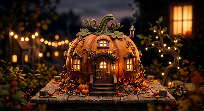 Whimsical pumpkin house glowing in a cozy autumn garden at twilight with fairy lights and fall foliage