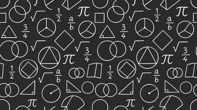 Seamless pattern with overlapping circles pi symbols square roots fractions and geometric shapes mathematical vector illustration white on dark - professional high detailed commercial stock imagery