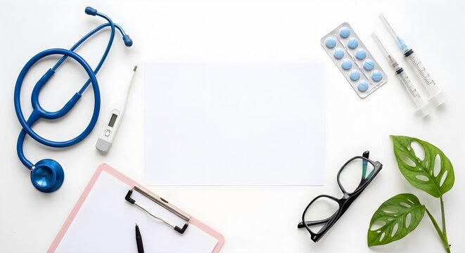 Doctors Desk Flat Lay with Stethoscope Clipboard Thermometer Pills and Glasses