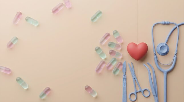 Glass Vials Red Heart Stethoscope and Surgical Scissors on Beige Background
