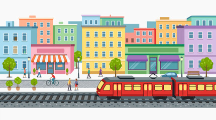 Obraz premium Vibrant flat vector illustration of a modern red commuter train on steel railway tracks passing through a colorful pastel city street with apartment buildings, shops, pedestrians and cyclist