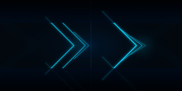 Abstract glowing blue neon arrows pointing forward on dark background on transparent background