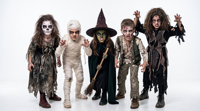 Group of children dressed as witch, mummy, skeleton, vampire and zombie running toward the camera with playful scary expressions on a white background, Halloween costumes, trick or treat, monster part