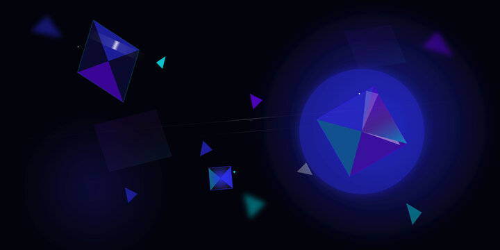 Abstract geometric shapes with glowing blue light effects on transparent background