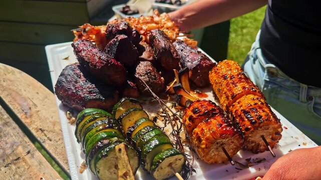 Close-Up View of Person Holding Platter of Grilled Barbecue Meat, Zucchini Skewers, and Corn on the Cob