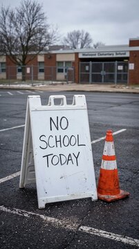 No School Today sign at empty school parking lot