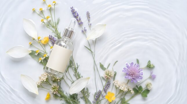 Skincare Dropper Bottle with Lavender and Chamomile on Rippled Water Background