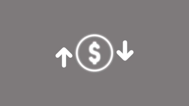 Animated dollar price icon featuring upward and downward arrows, representing money, currency, finance, investment, market trends, price changes, profit, and economic growth.
