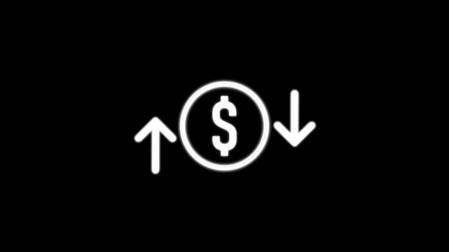 Dollar price change line icon with up and down arrows, representing currency, finance, investment, market fluctuation, rising prices, financial success, profit, and economic growth.
