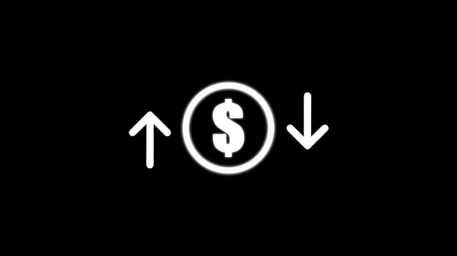 Dollar price increase line icon with upward and downward arrows, representing currency, money movement, financial trends, investment, market changes, profit, and economic growth.