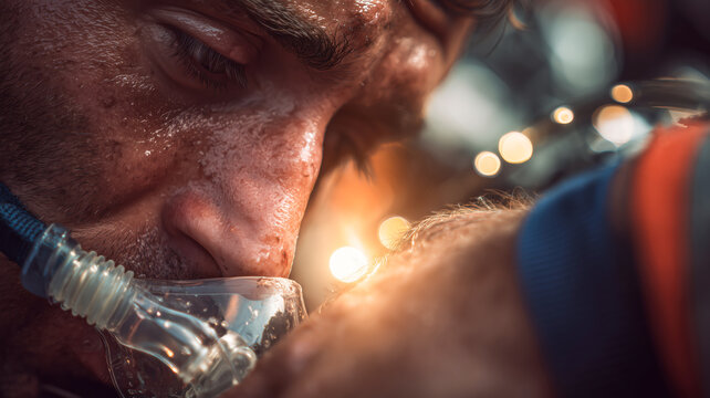 Exhausted rescuer: breath held, lights in the distance