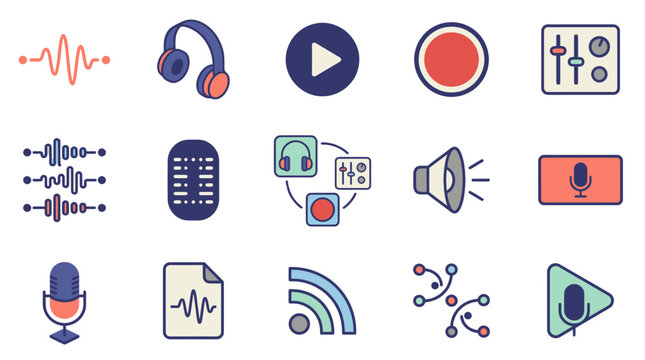 Modern Colorful Icons Set Featuring Audio Equipment Playback Controls Microphones and Media Formats
