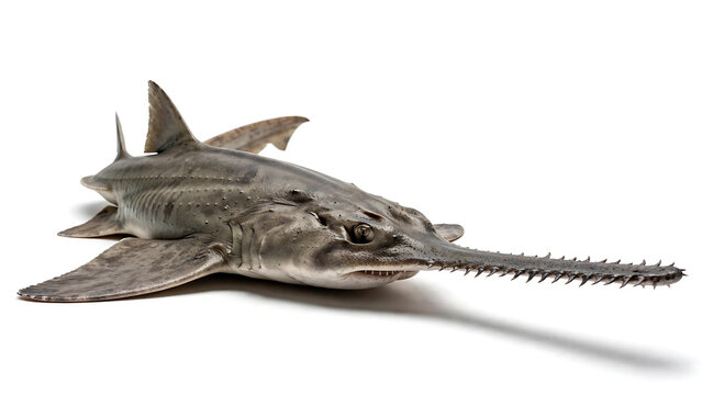 Large sturgeon fish with distinctive rostrum lying on a white background, detailed 3D digital render