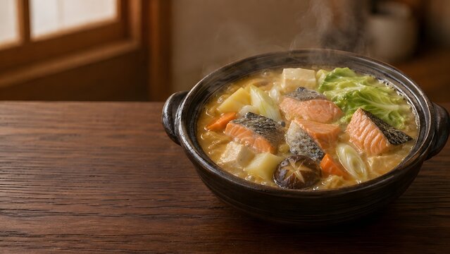 japanese ishikari nabe hot pot with salmon and vegetables in a clay pot