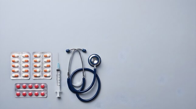 Multiple Medication Blister Packs Syringe and Stethoscope on Blue Background