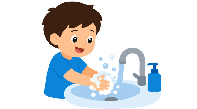 Cute cartoon boy happily washing hands with soap bubbles at bathroom sink, flat vector illustration for hygiene education, handwashing concept, clean white background - detailed commercial stock