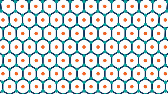 Seamless geometric pattern with hexagonal mesh network featuring teal connected lines and orange accent dots on clean white background, modern abstract vector illustration design element