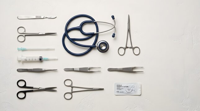 Weekly Pill Organizer Box Tweezers and Stethoscope on Pink Background Flat Lay