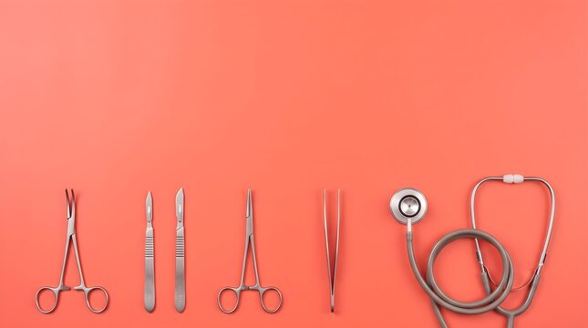 Surgical Instruments Scalpels Scissors and Forceps on Orange Peach Background