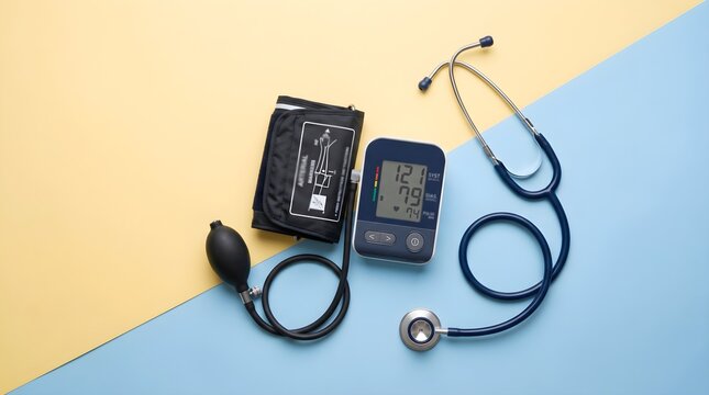Digital Blood Pressure Monitor and Stethoscope on Split Yellow and Blue Background