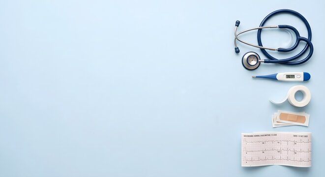 Flat Lay Medical Equipment Stethoscope Thermometer Bandage and ECG Strip on Blue Background