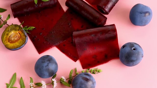 Plum pastila rolls on pastel background