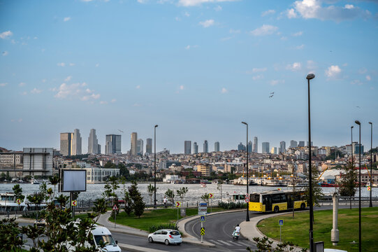 Istanbul,turkey,august 2, 2025. Istanbul, turkey urban skyline featuring modern skyscrapers, the bosphorus strait, and daily city traffic under a blue sky