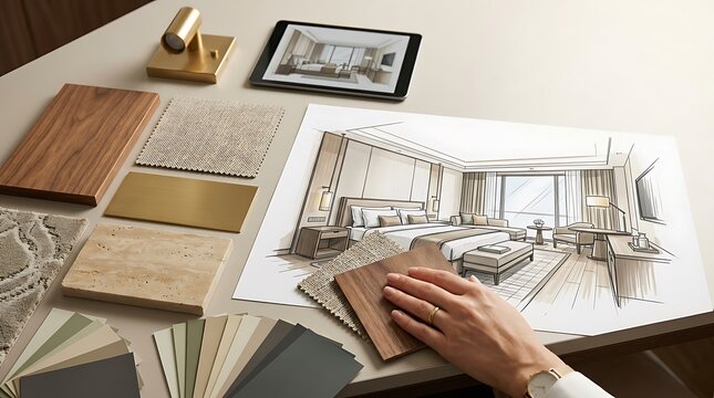 Interior design mood board with architectural sketch, material samples and color swatches. Professional designer workspace with wood, fabric and metal finishes.