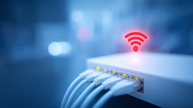 Wireless router with connected Ethernet cables and a WiFi symbol represents internet connectivity and reliable network communication.
