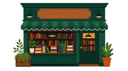 Naklejka premium Cozy Bookstore Storefront Vector Illustration with Green Striped Awning, Colorful Stacked Books in Display Window, Wooden Signboard, Potted Plants, Warm Lighting, Classic Shop Facade Design