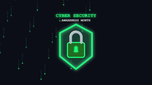 Cyber Security Lock with Falling Binary Code on Dark Background