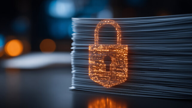 A digital padlock in front of stacked documents represents secure records and confidential information protection.
