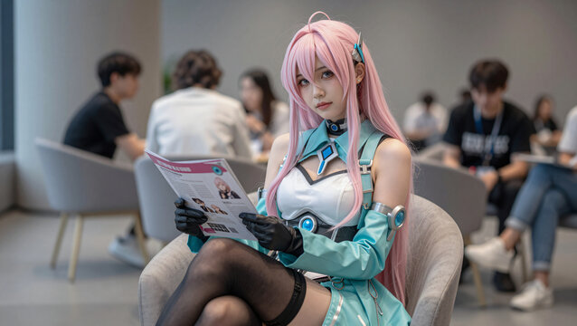 Pink Hair Cosplayer Relaxing at Convention Lounge