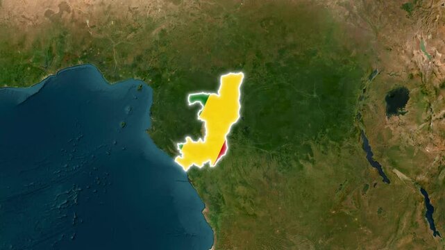 Satellite view of the Republic of the Congo highlighted on the African continent map with glowing borders and realistic terrain textures for geopolitical and educational projects